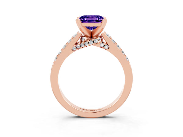 Rose gold Princess Cut Tanzanite Solitaire Ring with Crossover Gallery and Round  Pavé Band