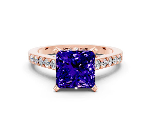 Rose gold Princess Cut Tanzanite Solitaire Ring with Crossover Gallery and Round  Pavé Band