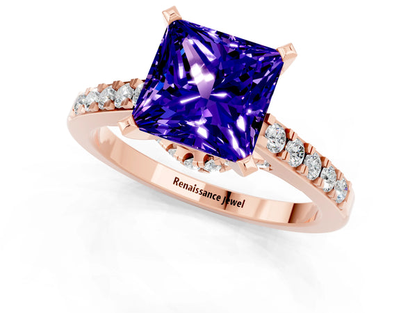 Rose gold Princess Cut Tanzanite Solitaire Ring with Crossover Gallery and Round  Pavé Band