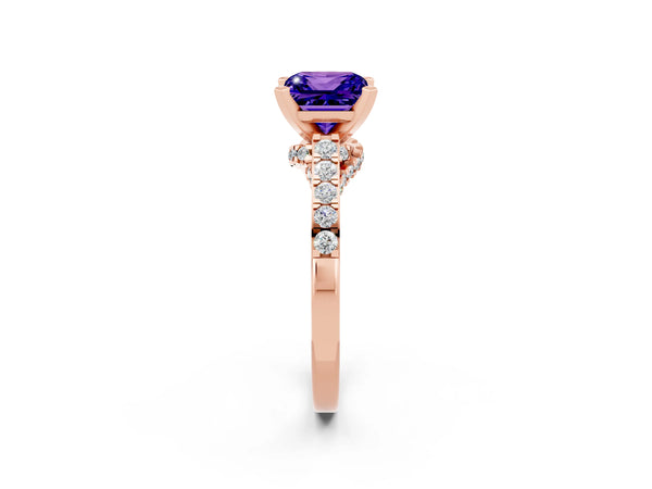 Rose gold Princess Cut Tanzanite Solitaire Ring with Crossover Gallery and Round  Pavé Band