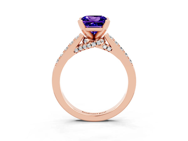 Rose gold Princess Cut Tanzanite Solitaire Ring with Crossover Gallery and Round  Pavé Band