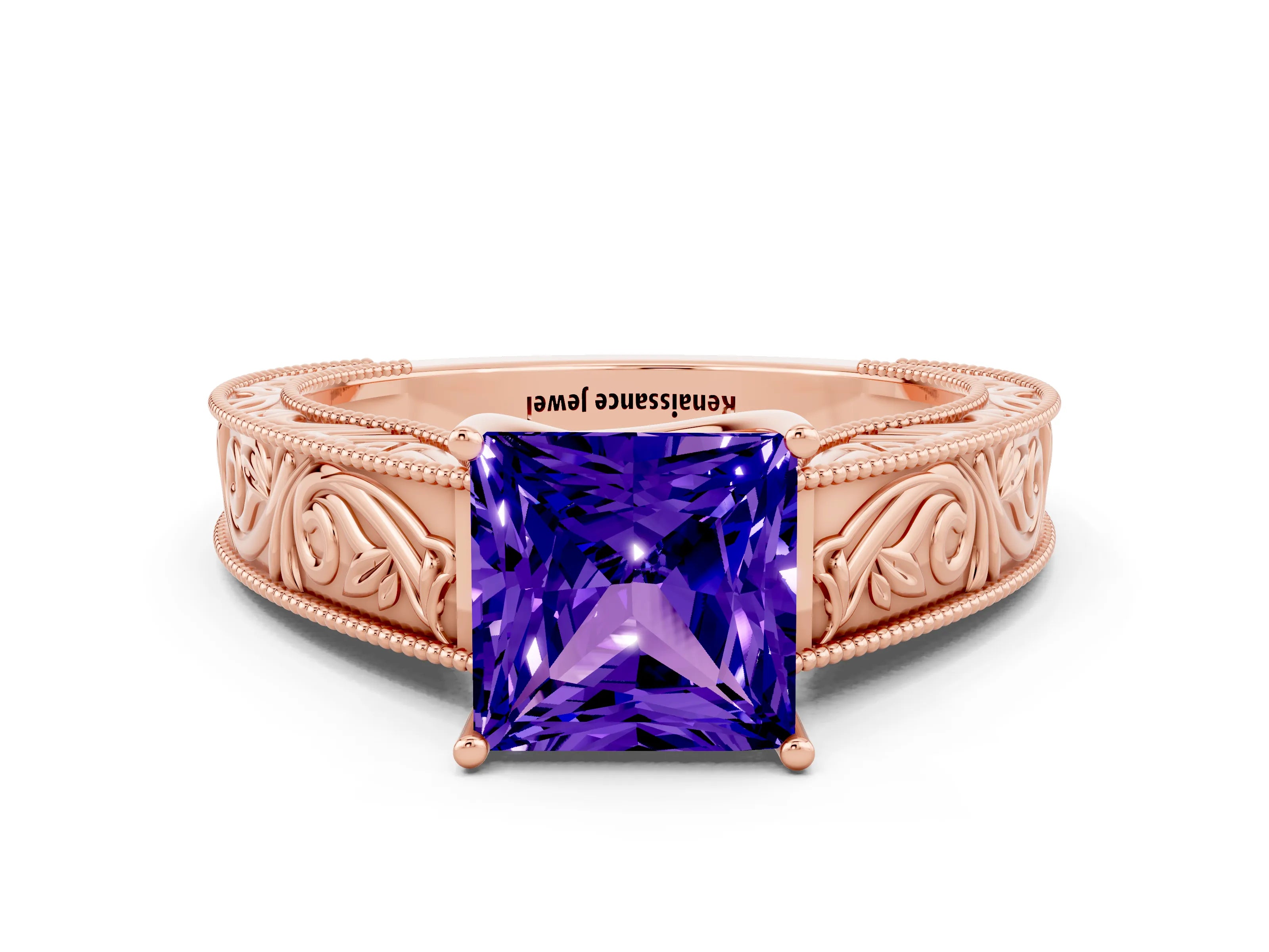 Rose gold Princess Cut Tanzanite Solitaire Ring with Engraved Band and Four-Prong Setting