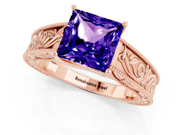 Rose gold Princess Cut Tanzanite Solitaire Ring with Engraved Band and Four-Prong Setting