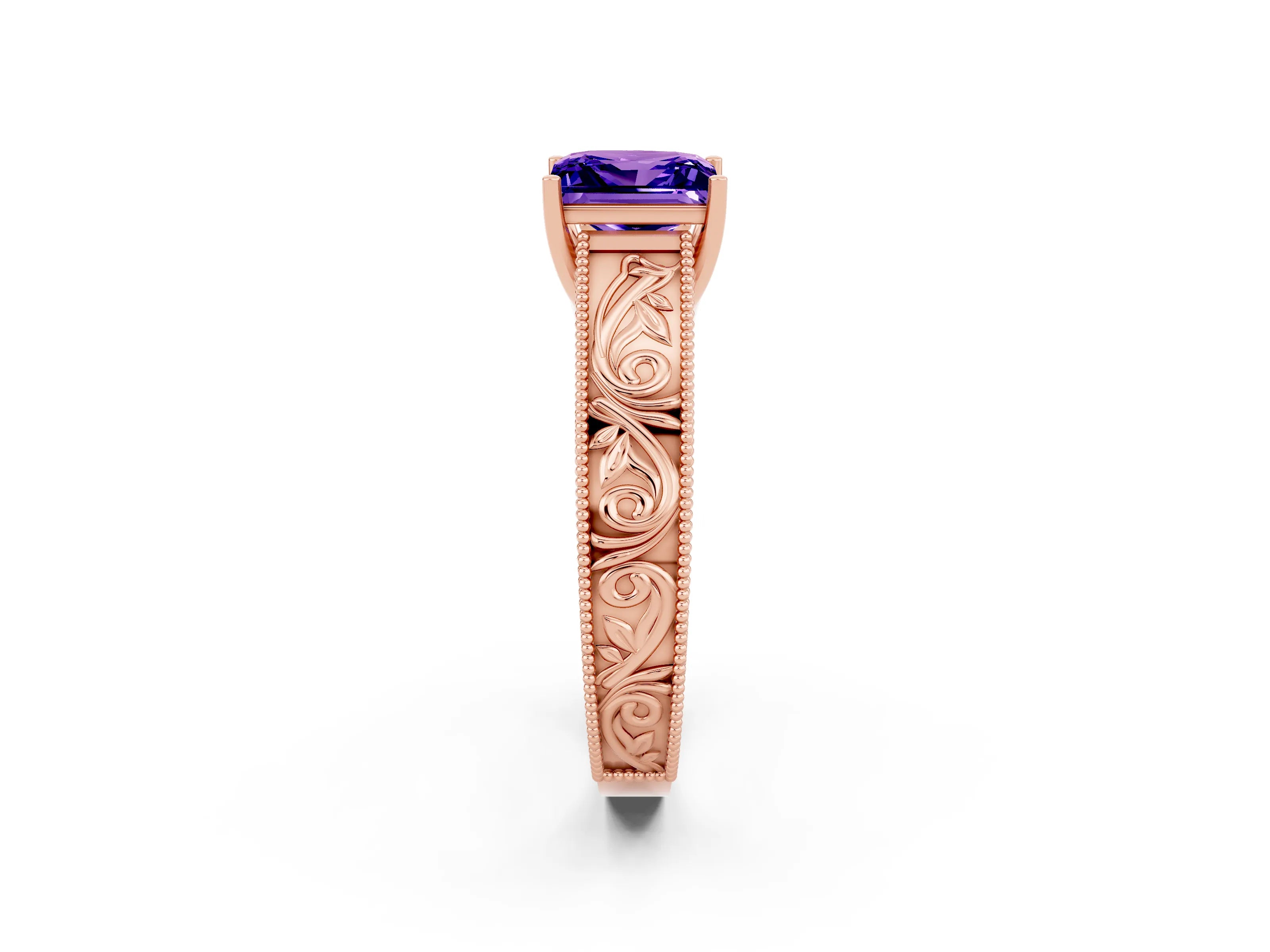 Rose gold Princess Cut Tanzanite Solitaire Ring with Engraved Band and Four-Prong Setting_2