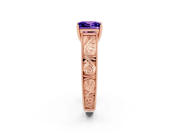 Rose gold Princess Cut Tanzanite Solitaire Ring with Engraved Band and Four-Prong Setting