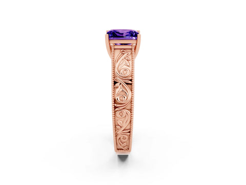 Rose gold Princess Cut Tanzanite Solitaire Ring with Engraved Band and Four-Prong Setting_2