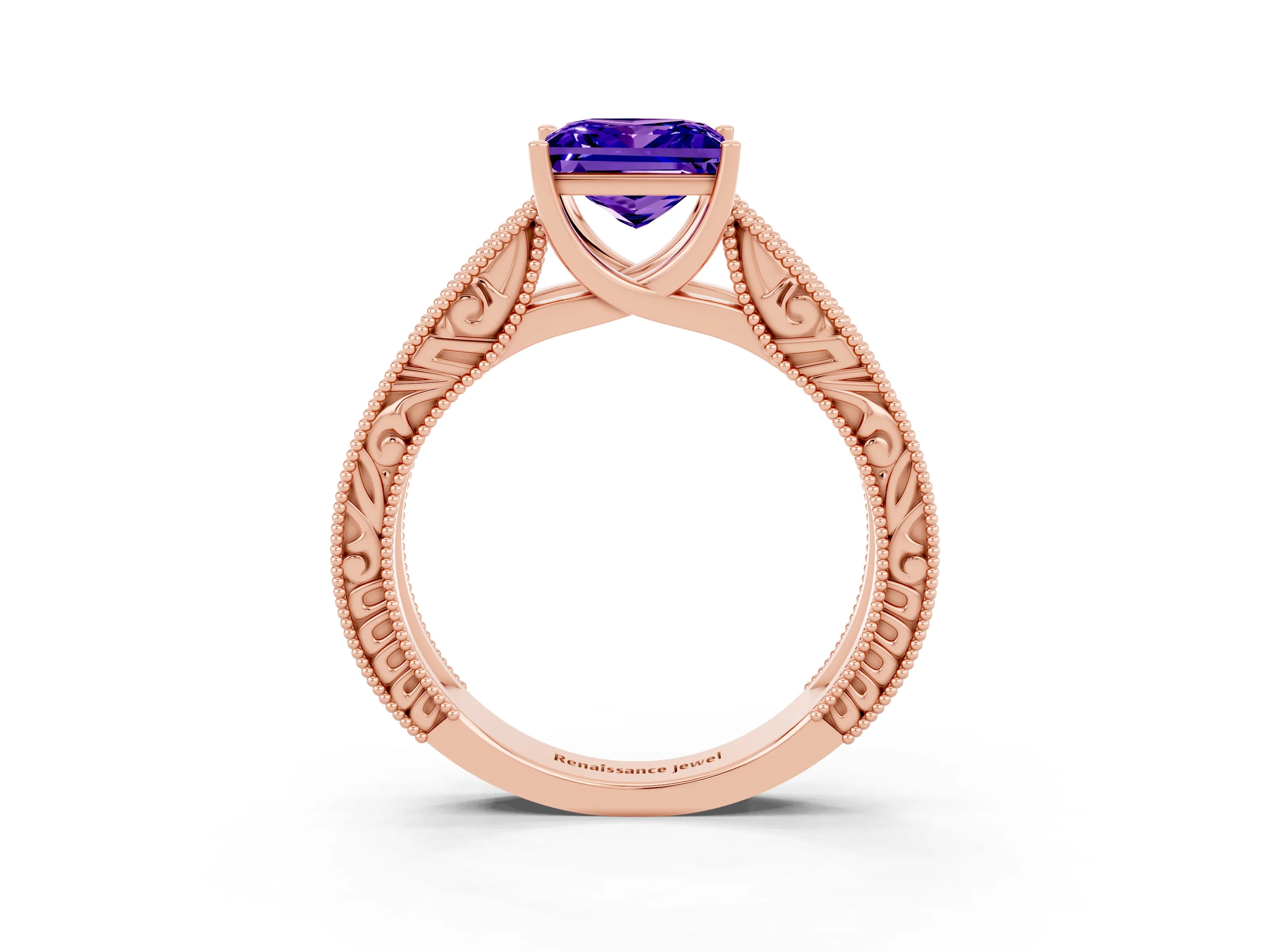 Rose gold Princess Cut Tanzanite Solitaire Ring with Engraved Band and Four-Prong Setting_3