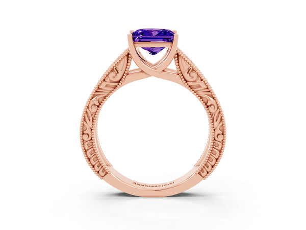 Rose gold Princess Cut Tanzanite Solitaire Ring with Engraved Band and Four-Prong Setting