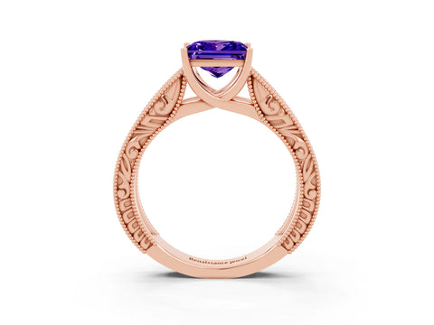 Rose gold Princess Cut Tanzanite Solitaire Ring with Engraved Band and Four-Prong Setting_3