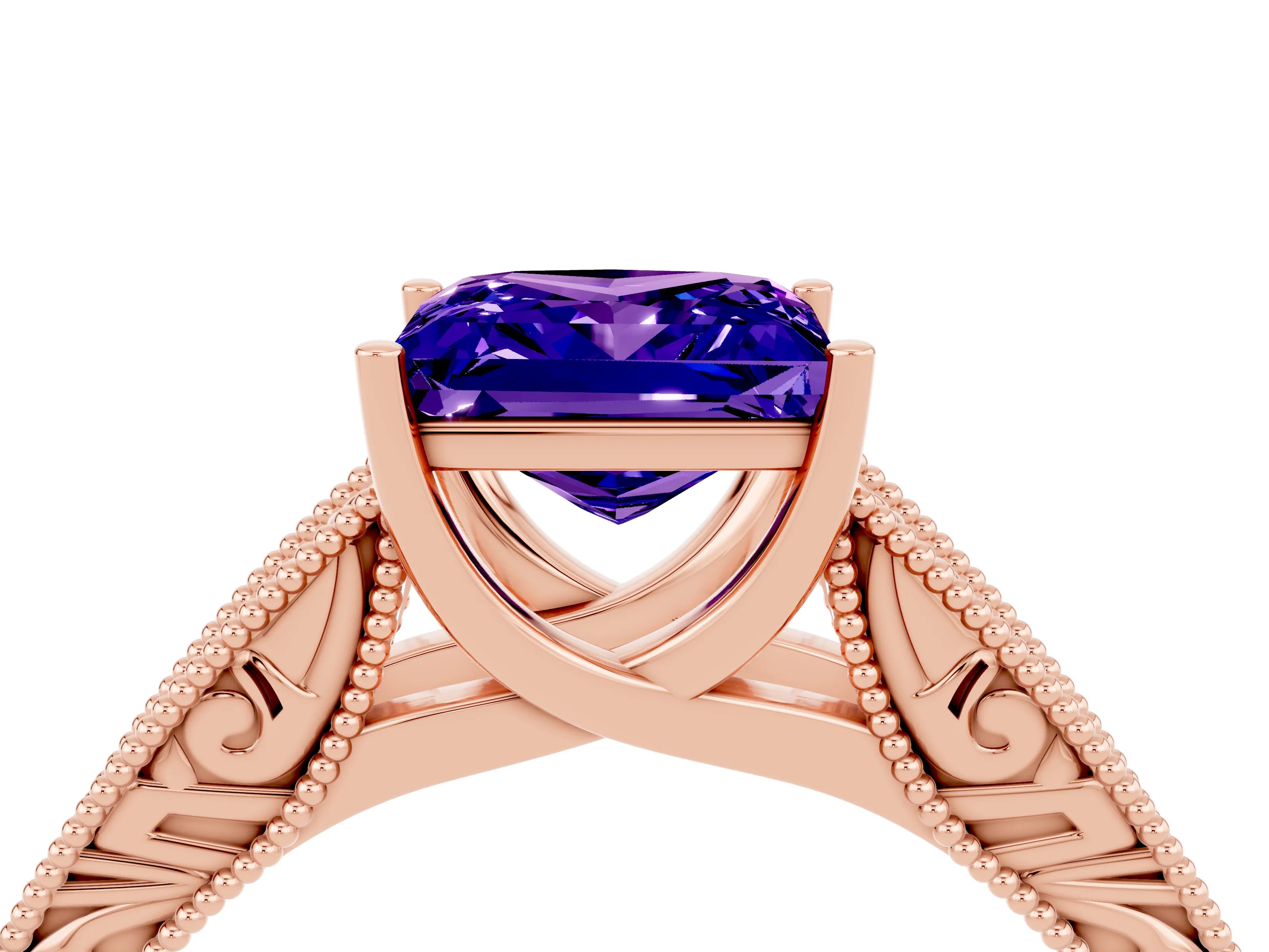 Rose gold Princess Cut Tanzanite Solitaire Ring with Engraved Band and Four-Prong Setting_4