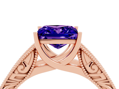 Rose gold Princess Cut Tanzanite Solitaire Ring with Engraved Band and Four-Prong Setting_4