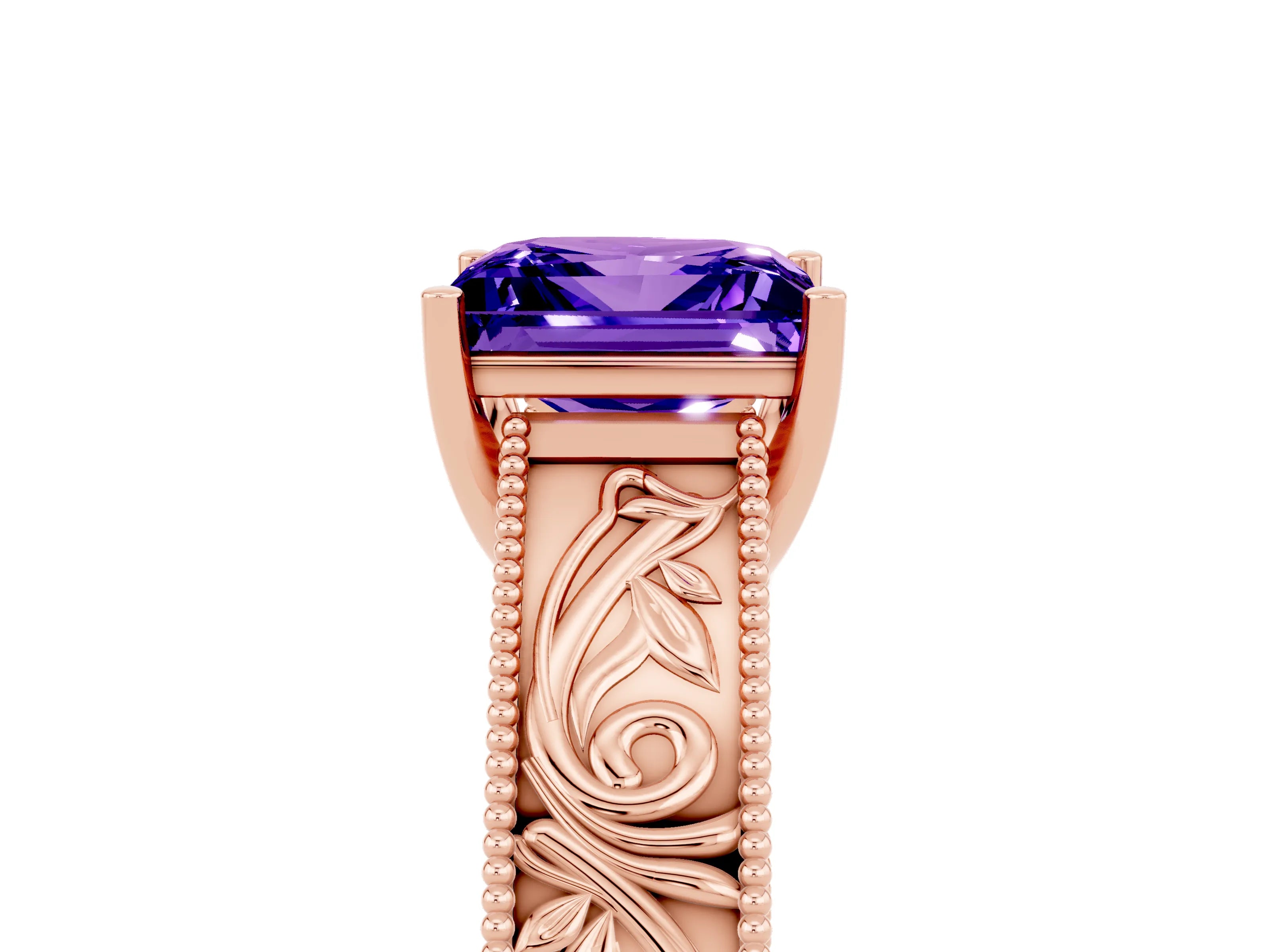 Rose gold Princess Cut Tanzanite Solitaire Ring with Engraved Band and Four-Prong Setting_5