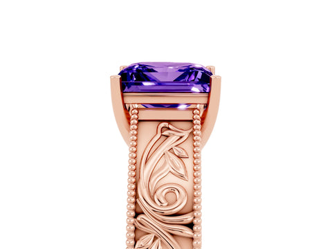 Rose gold Princess Cut Tanzanite Solitaire Ring with Engraved Band and Four-Prong Setting_5