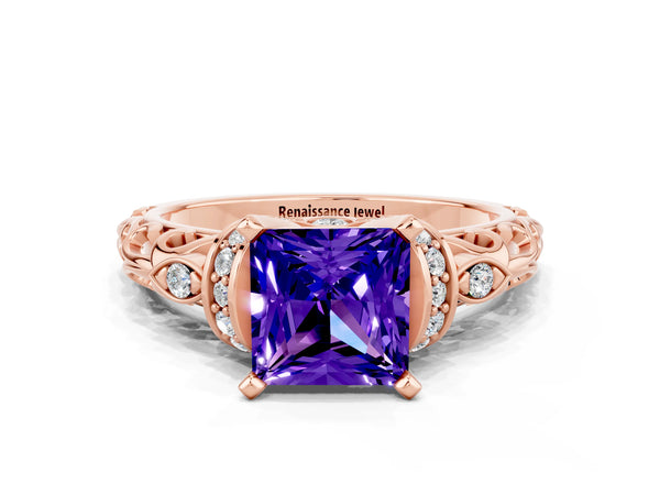 Rose gold Princess Cut Tanzanite Solitaire Ring with Filigree Band and Four-Prong Setting