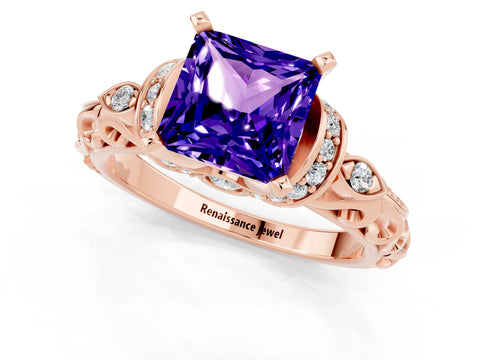 Rose gold Princess Cut Tanzanite Solitaire Ring with Filigree Band and Four-Prong Setting_25