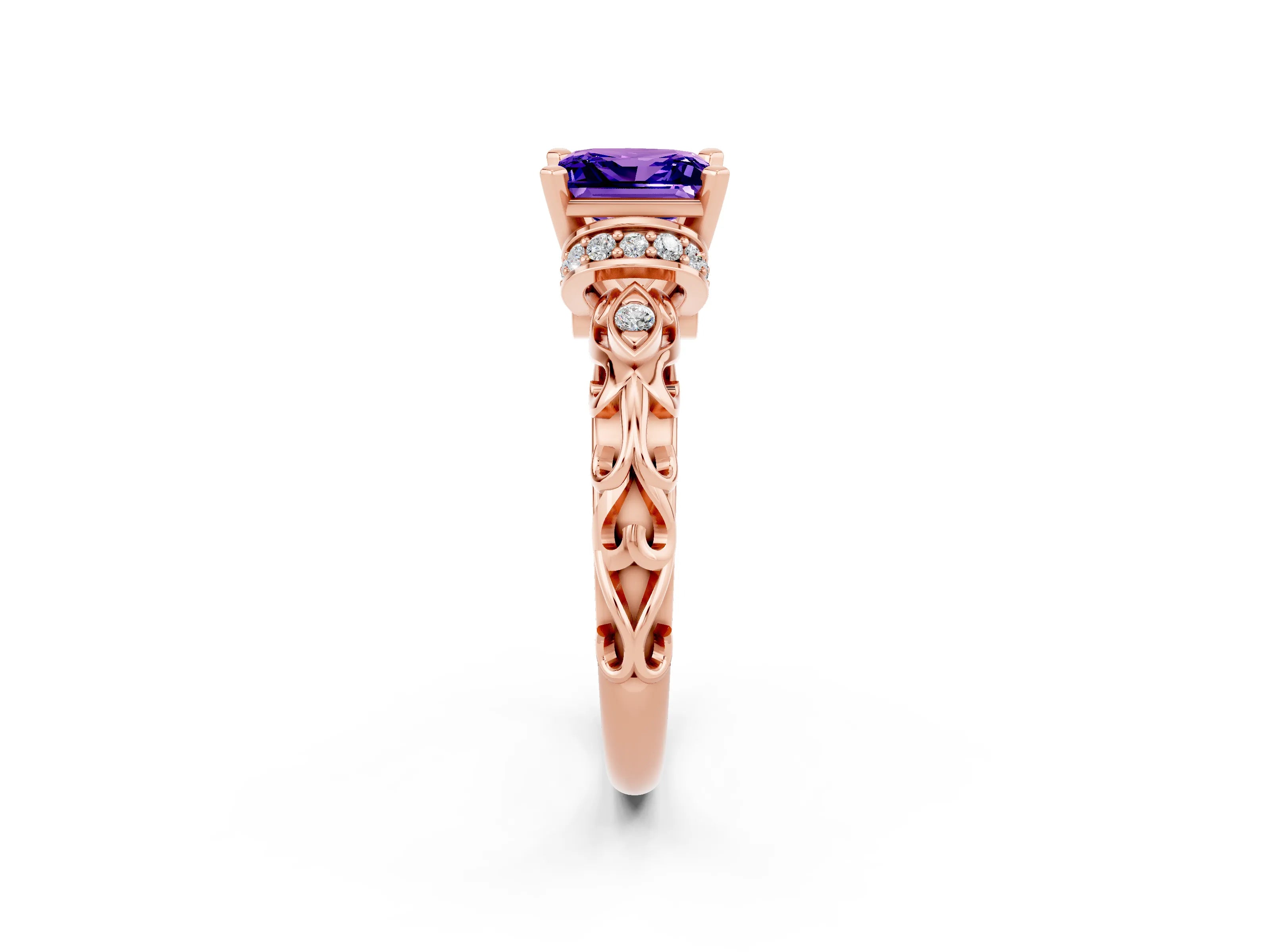 Rose gold Princess Cut Tanzanite Solitaire Ring with Filigree Band and Four-Prong Setting_26