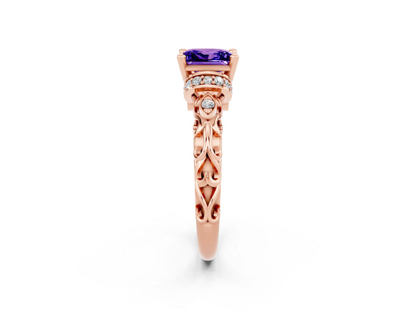 Rose gold Princess Cut Tanzanite Solitaire Ring with Filigree Band and Four-Prong Setting