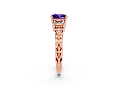 Rose gold Princess Cut Tanzanite Solitaire Ring with Filigree Band and Four-Prong Setting_26