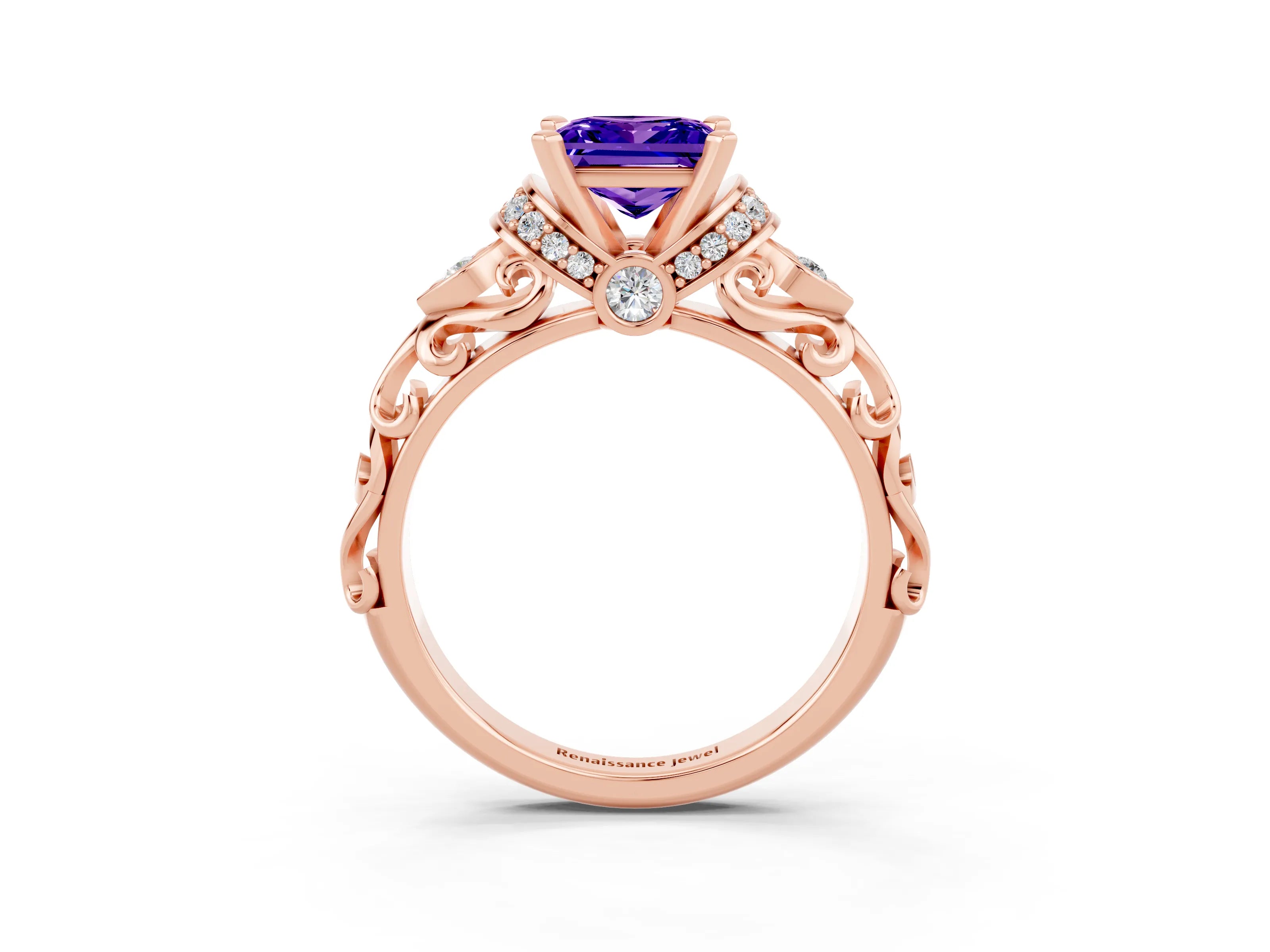 Rose gold Princess Cut Tanzanite Solitaire Ring with Filigree Band and Four-Prong Setting_27