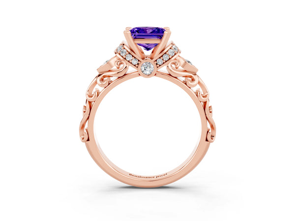 Rose gold Princess Cut Tanzanite Solitaire Ring with Filigree Band and Four-Prong Setting
