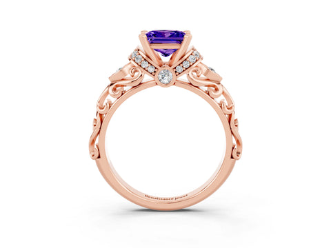 Rose gold Princess Cut Tanzanite Solitaire Ring with Filigree Band and Four-Prong Setting_27