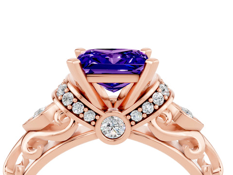 Rose gold Princess Cut Tanzanite Solitaire Ring with Filigree Band and Four-Prong Setting_28