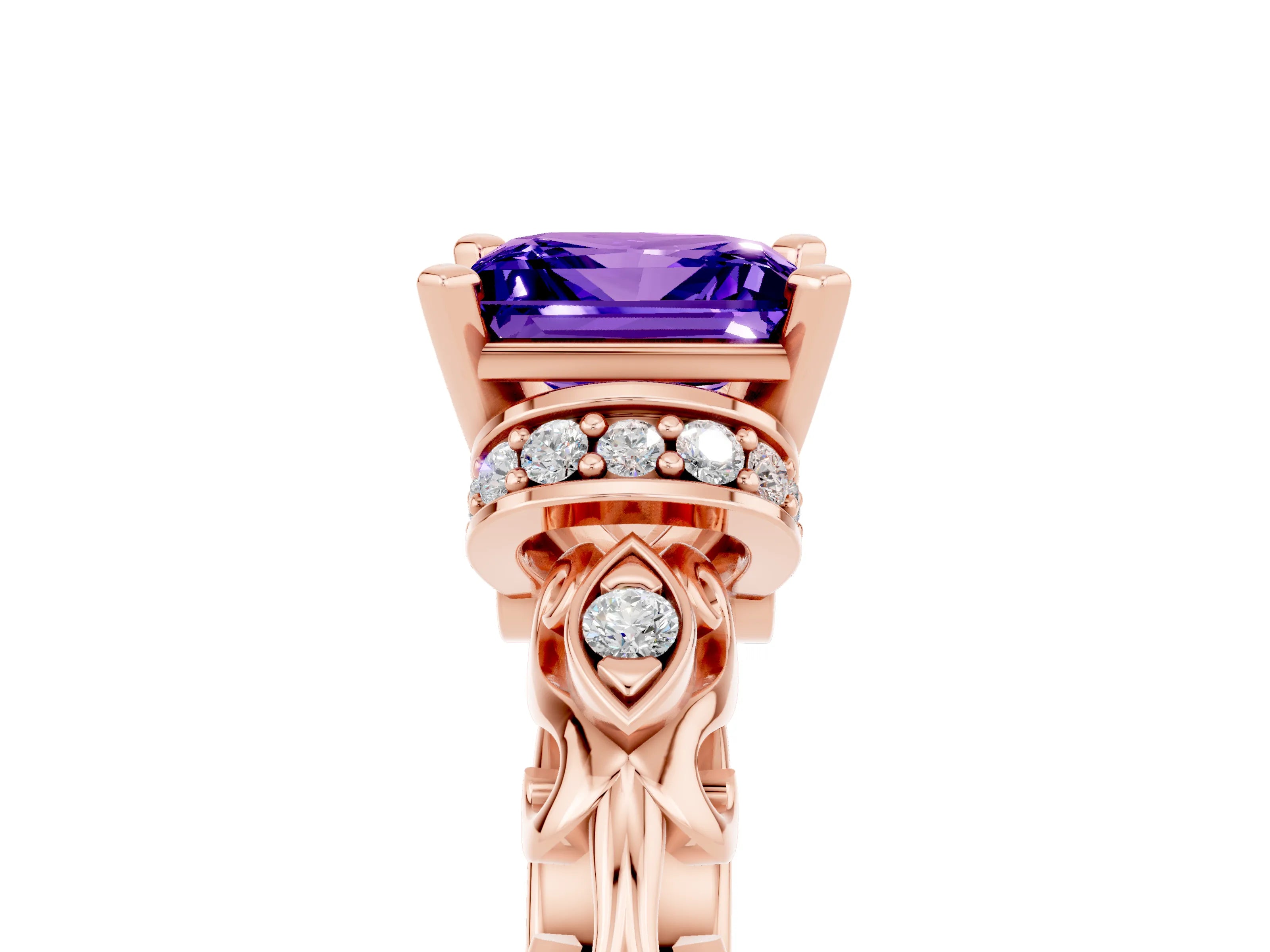 Rose gold Princess Cut Tanzanite Solitaire Ring with Filigree Band and Four-Prong Setting_29