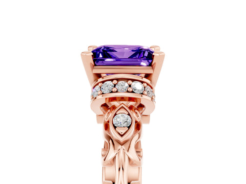 Rose gold Princess Cut Tanzanite Solitaire Ring with Filigree Band and Four-Prong Setting_29