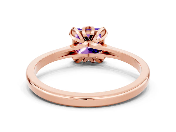 Rose gold Princess Cut Tanzanite Solitaire Ring with Flower Prong Setting and Classic Band