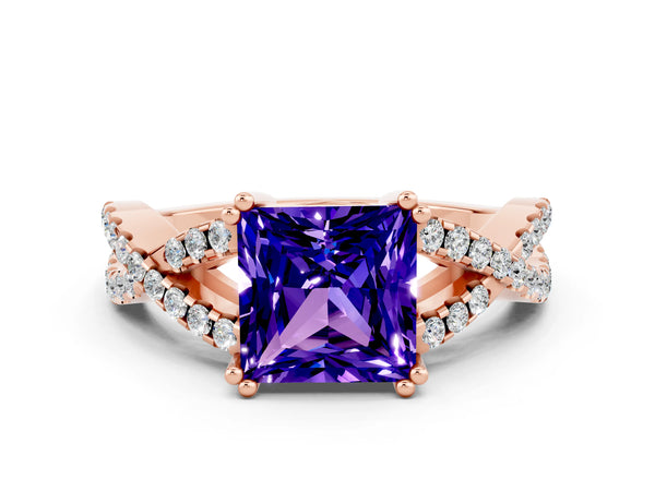 Rose gold Princess Cut Tanzanite Solitaire Ring with Four-Prong Setting and Twisted Pavé Band