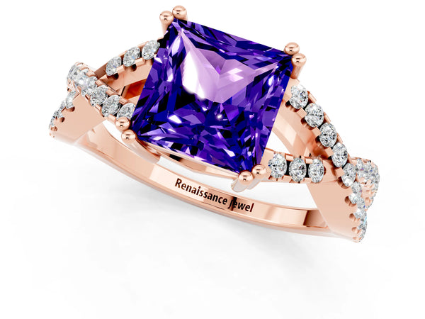Rose gold Princess Cut Tanzanite Solitaire Ring with Four-Prong Setting and Twisted Pavé Band