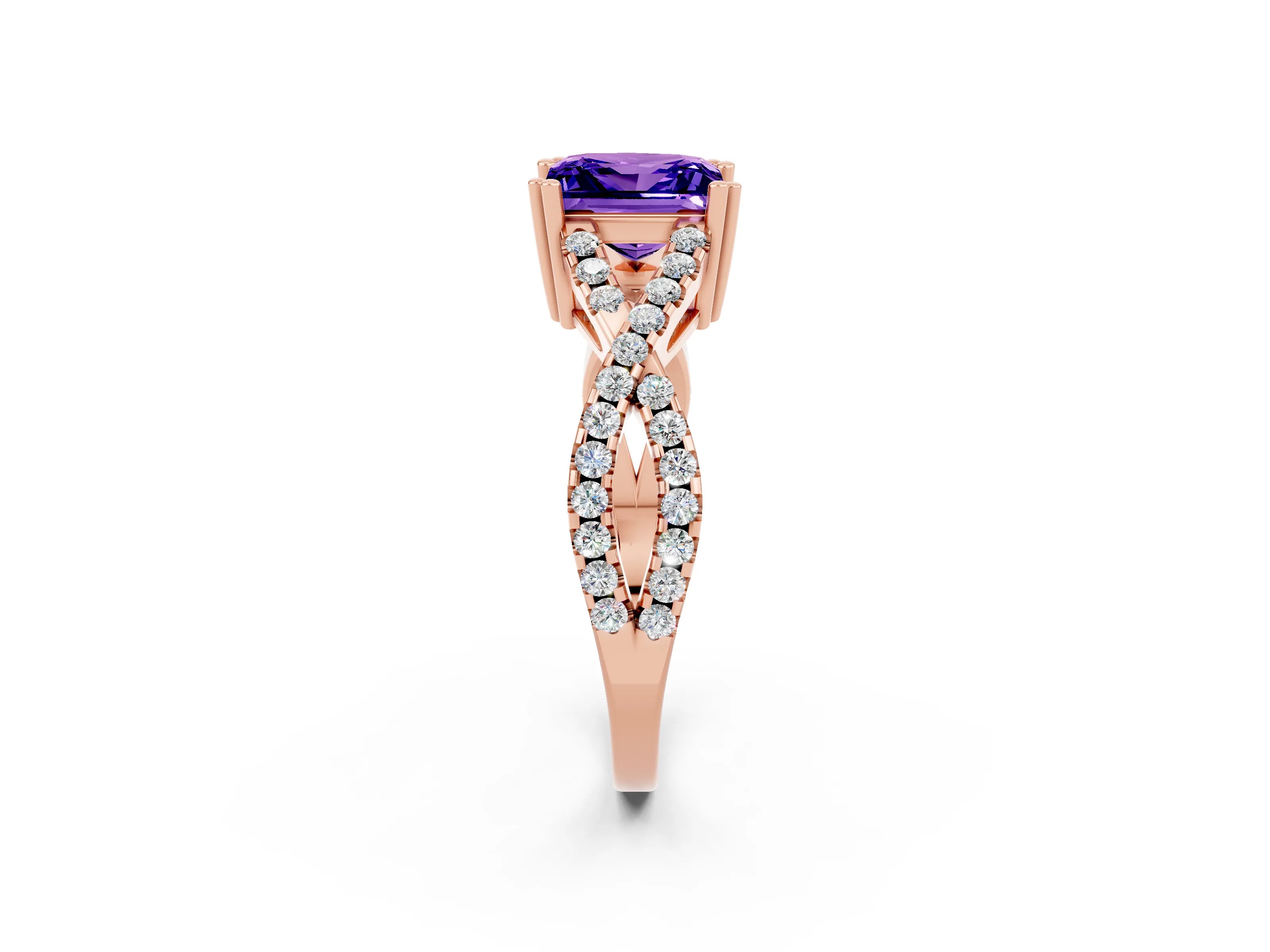 Rose gold Princess Cut Tanzanite Solitaire Ring with Four-Prong Setting and Twisted Pavé Band_2