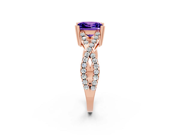 Rose gold Princess Cut Tanzanite Solitaire Ring with Four-Prong Setting and Twisted Pavé Band