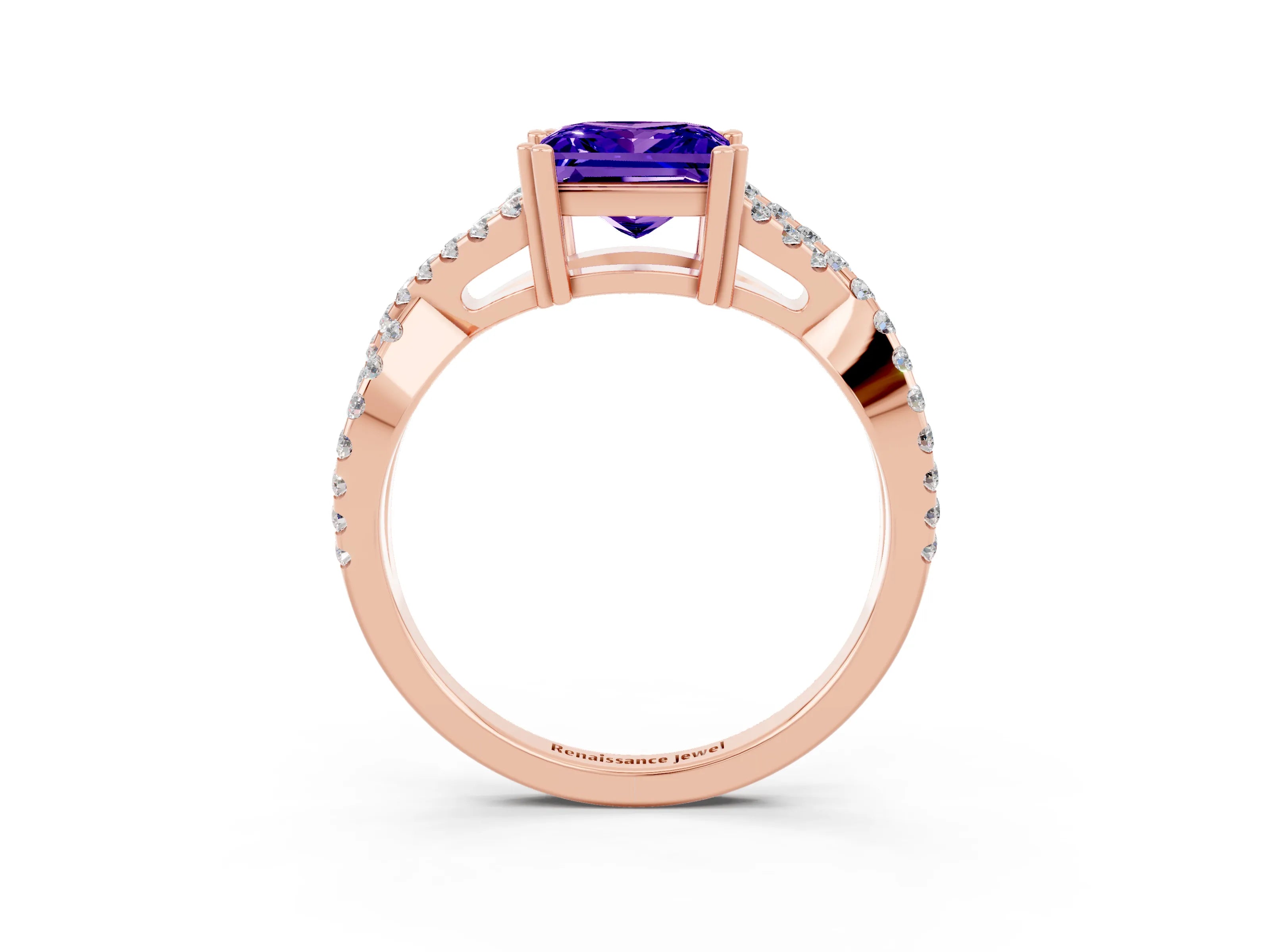 Rose gold Princess Cut Tanzanite Solitaire Ring with Four-Prong Setting and Twisted Pavé Band_3