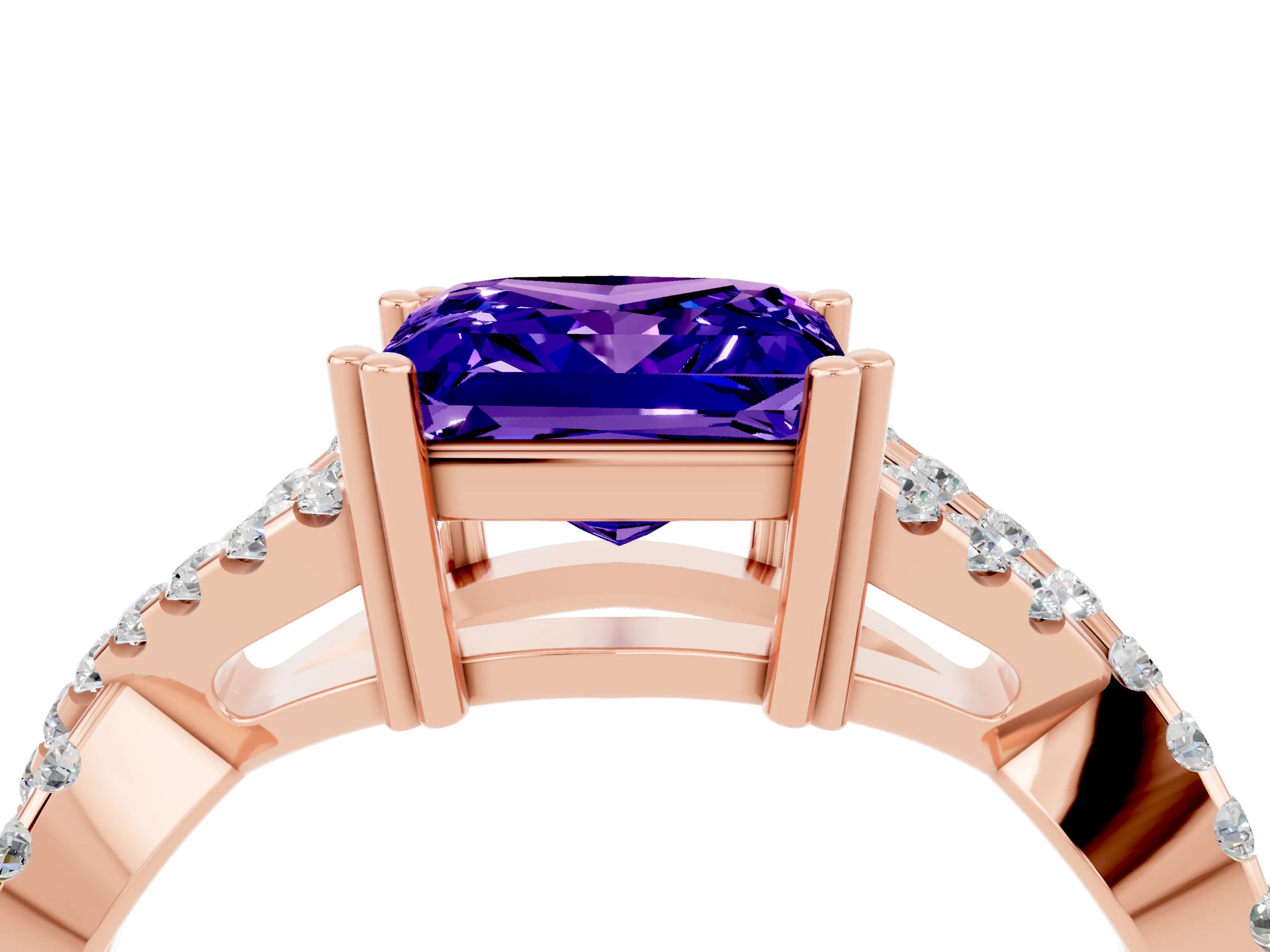 Rose gold Princess Cut Tanzanite Solitaire Ring with Four-Prong Setting and Twisted Pavé Band_4