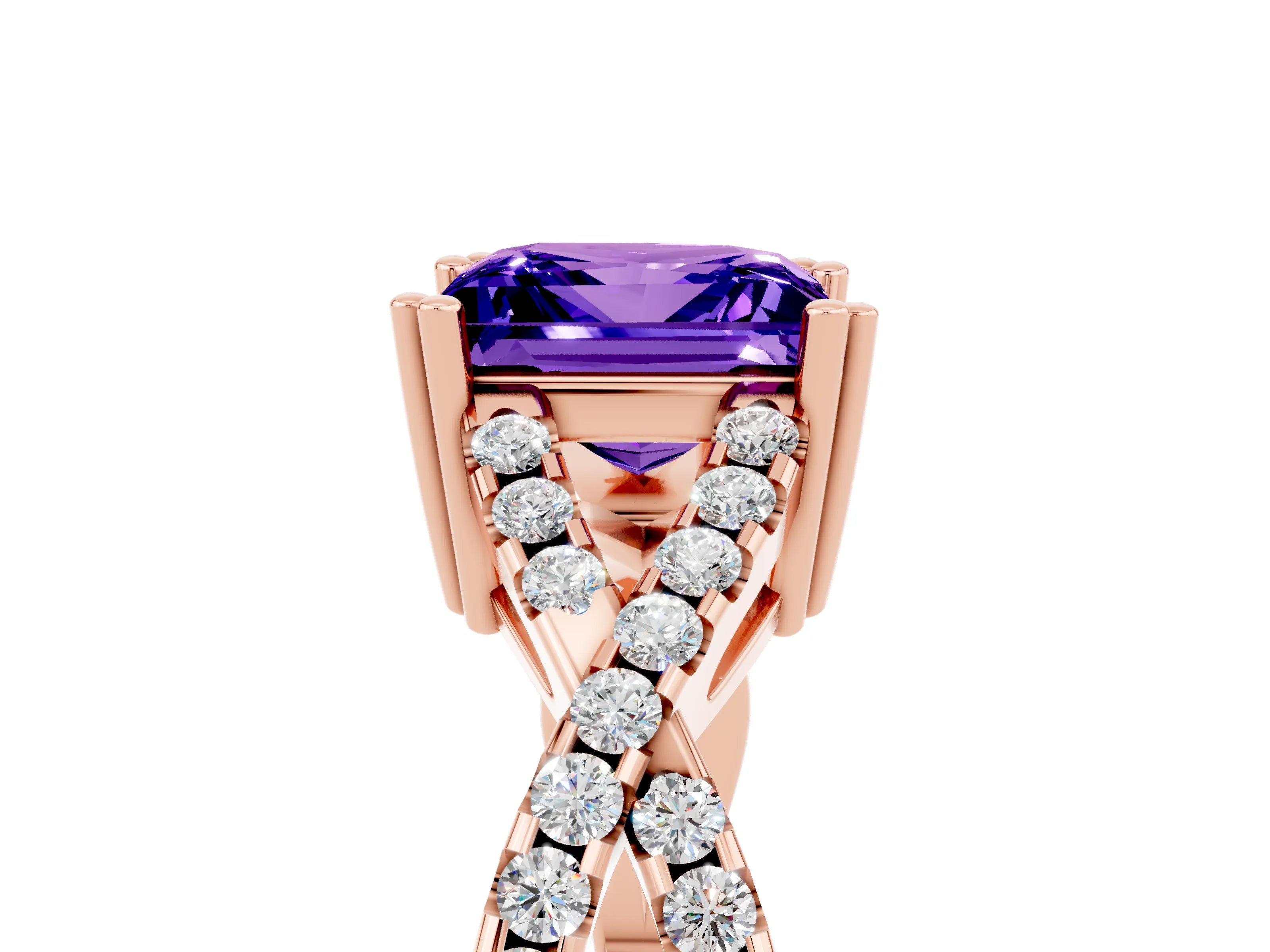 Rose gold Princess Cut Tanzanite Solitaire Ring with Four-Prong Setting and Twisted Pavé Band_5