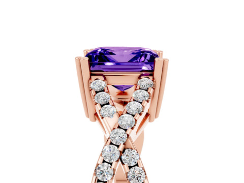 Rose gold Princess Cut Tanzanite Solitaire Ring with Four-Prong Setting and Twisted Pavé Band_5