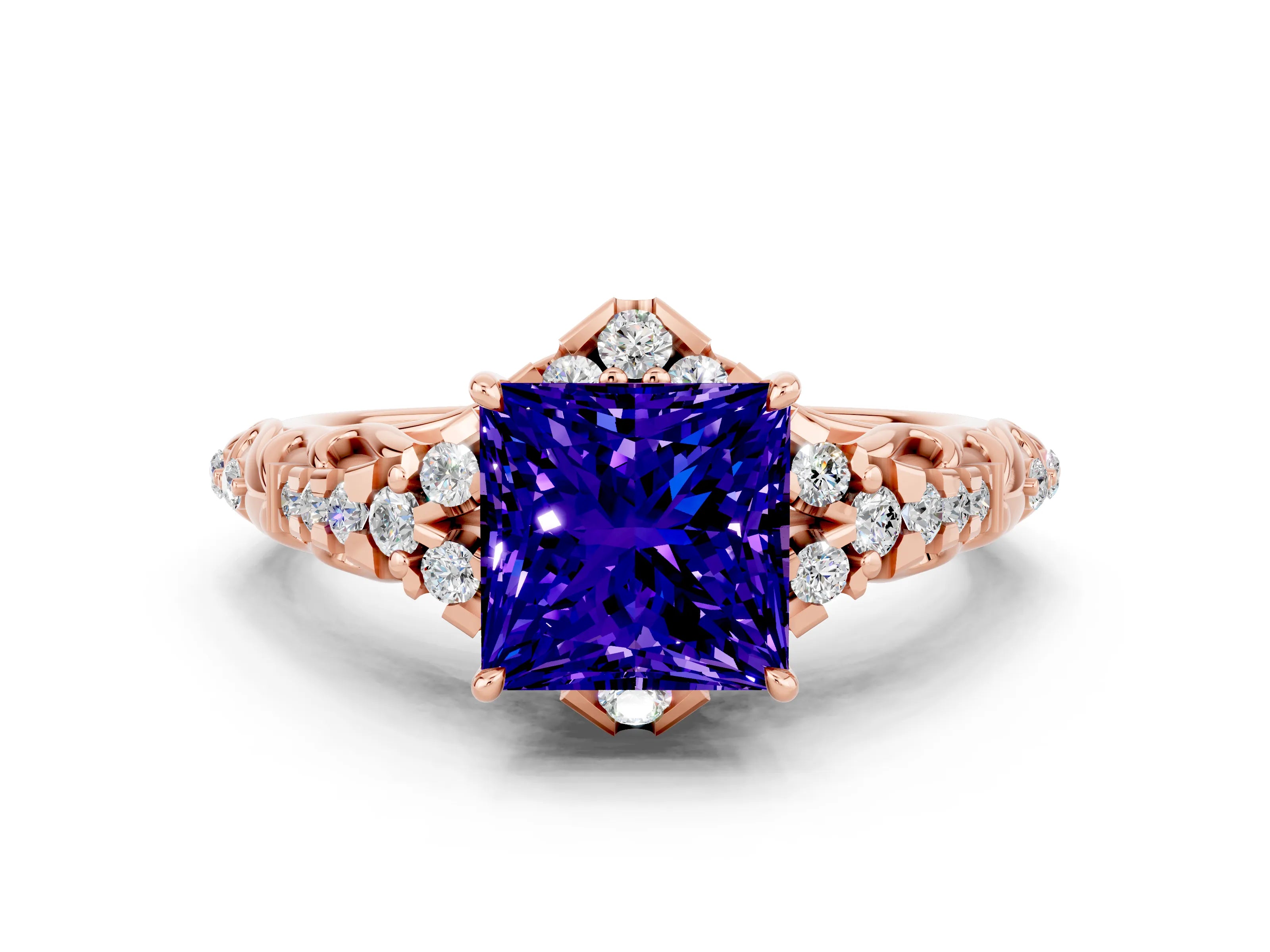 Rose gold Princess Cut Tanzanite Solitaire Ring with Hidden Halo and Pavé Band_12