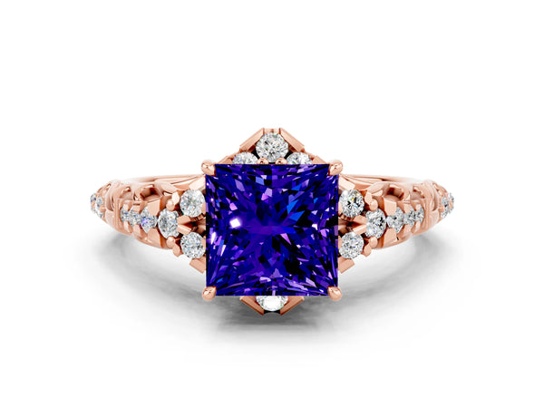 Rose gold Princess Cut Tanzanite Solitaire Ring with Hidden Halo and Pavé Band