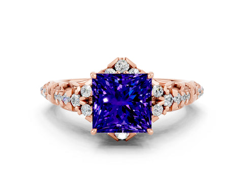 Rose gold Princess Cut Tanzanite Solitaire Ring with Hidden Halo and Pavé Band_12