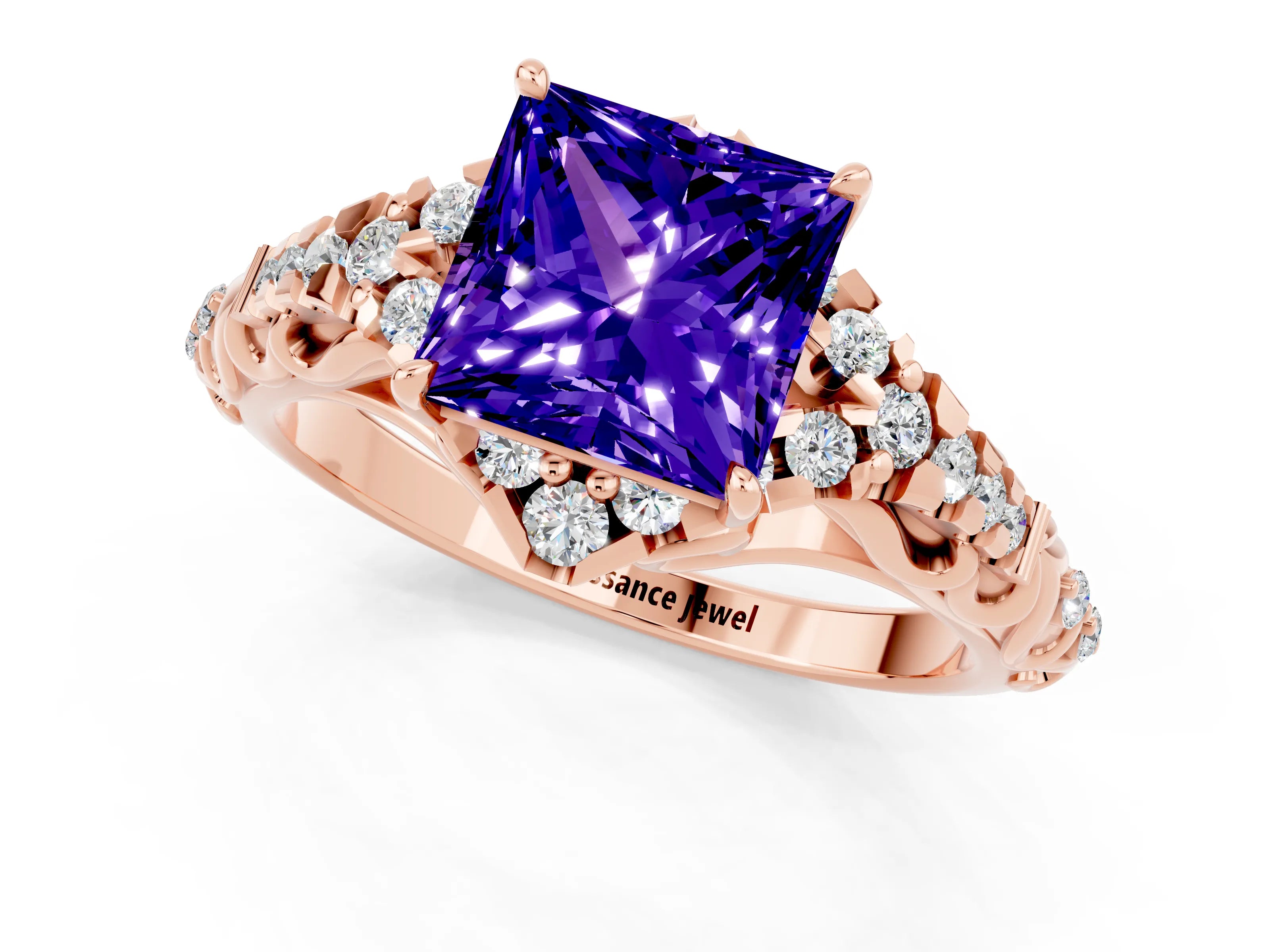 Rose gold Princess Cut Tanzanite Solitaire Ring with Hidden Halo and Pavé Band_13
