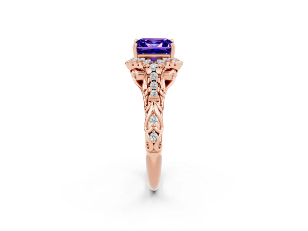 Rose gold Princess Cut Tanzanite Solitaire Ring with Hidden Halo and Pavé Band