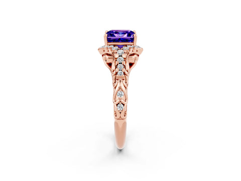 Rose gold Princess Cut Tanzanite Solitaire Ring with Hidden Halo and Pavé Band_14