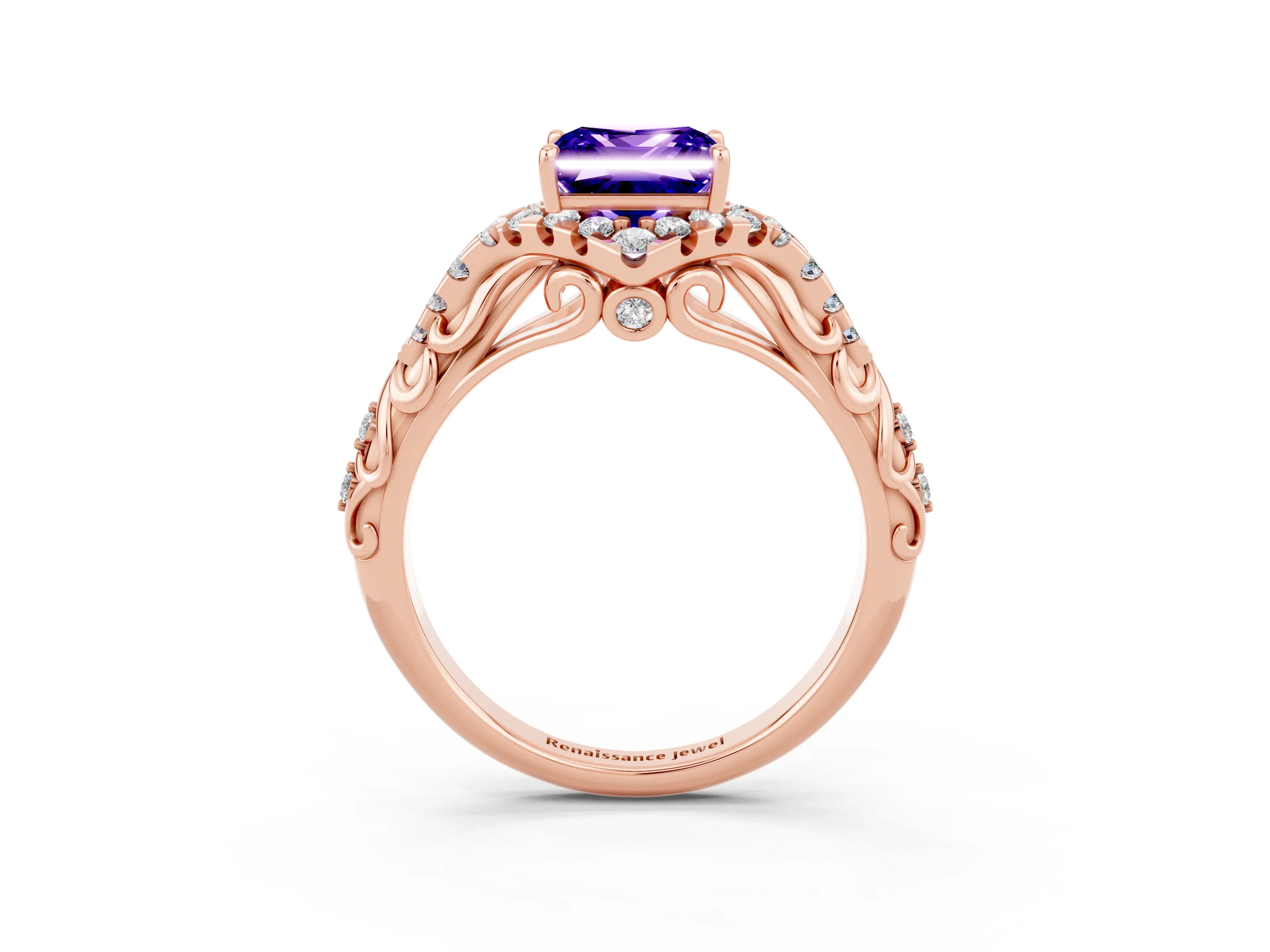 Rose gold Princess Cut Tanzanite Solitaire Ring with Hidden Halo and Pavé Band_15