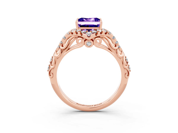 Rose gold Princess Cut Tanzanite Solitaire Ring with Hidden Halo and Pavé Band