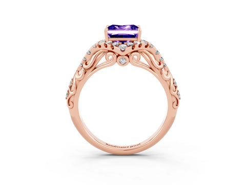 Rose gold Princess Cut Tanzanite Solitaire Ring with Hidden Halo and Pavé Band_15