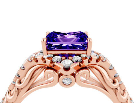 Rose gold Princess Cut Tanzanite Solitaire Ring with Hidden Halo and Pavé Band_16