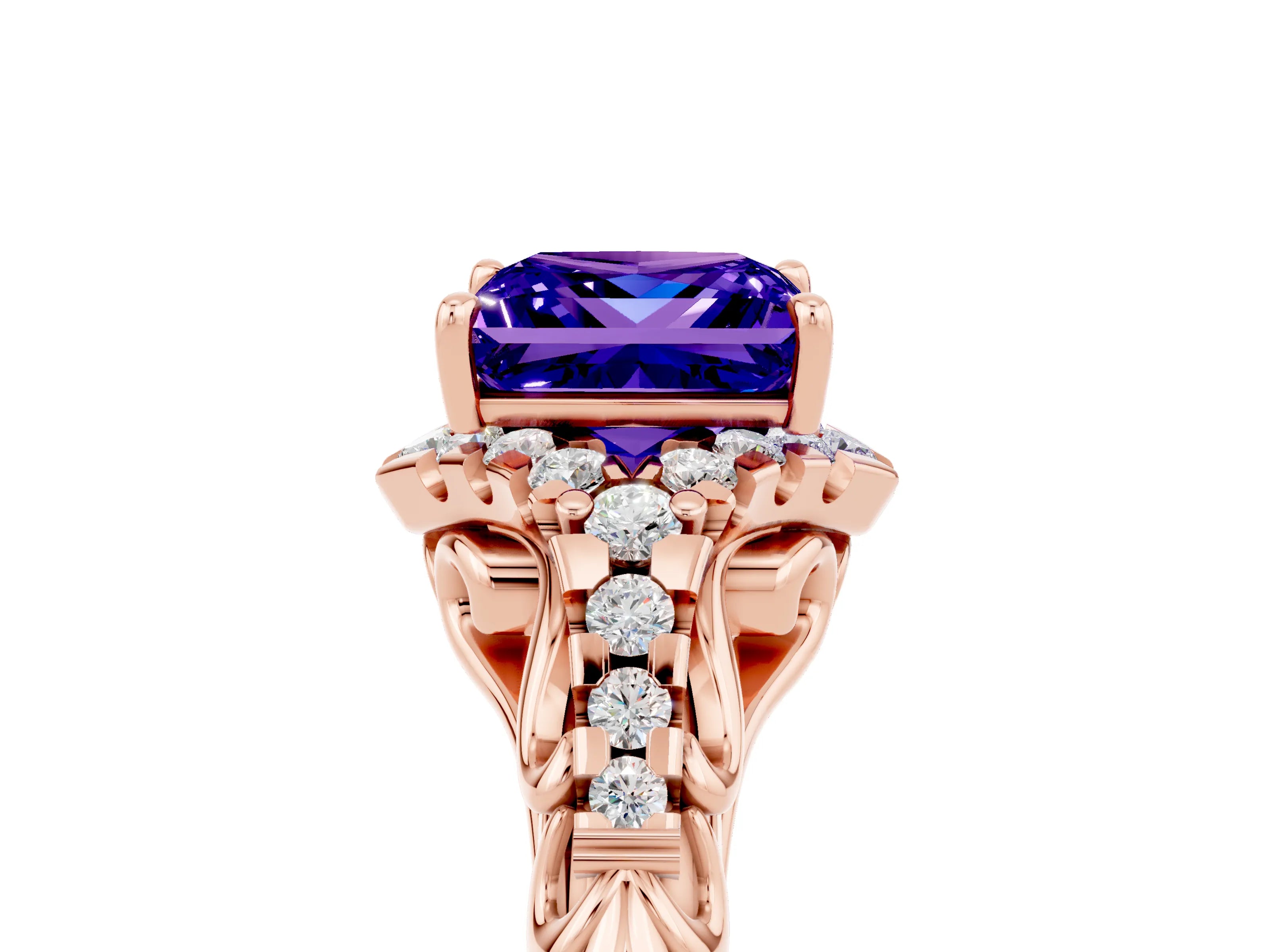 Rose gold Princess Cut Tanzanite Solitaire Ring with Hidden Halo and Pavé Band_17