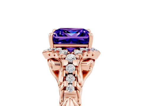 Rose gold Princess Cut Tanzanite Solitaire Ring with Hidden Halo and Pavé Band_17