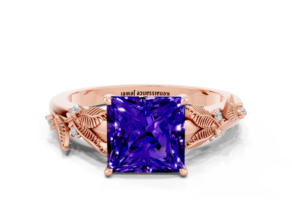Rose gold Princess Cut Tanzanite Solitaire Ring with Leaf Motif Band and Four-Prong Setting